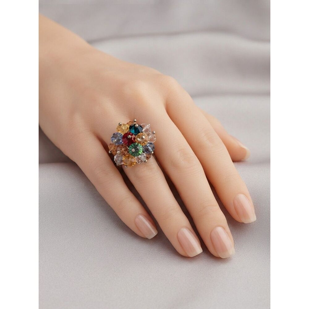 Multicolor Crystal Cluster Statement Ring - Women Jewelry Vintage